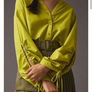 NWT Pilcro Anthropologie Drawstring Chartreuse Poplin Button Blouse Womens XS